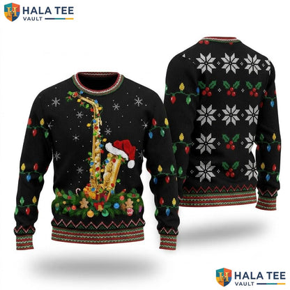 Saxophone Lights Jazz Ugly Christmas Sweater Music Lover Holiday Top