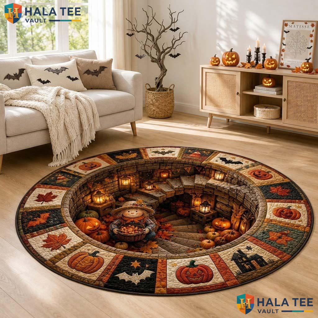 Scarecrow Hole Halloween Round Area Rug 3D Fall Harvest Pumpkin Mat