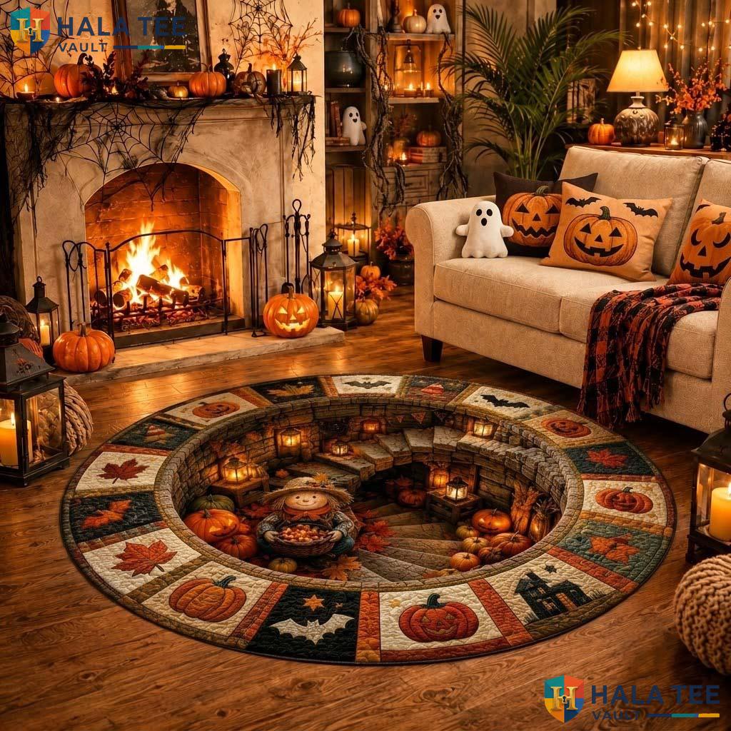 Scarecrow Hole Halloween Round Area Rug 3D Fall Harvest Pumpkin Mat Adult