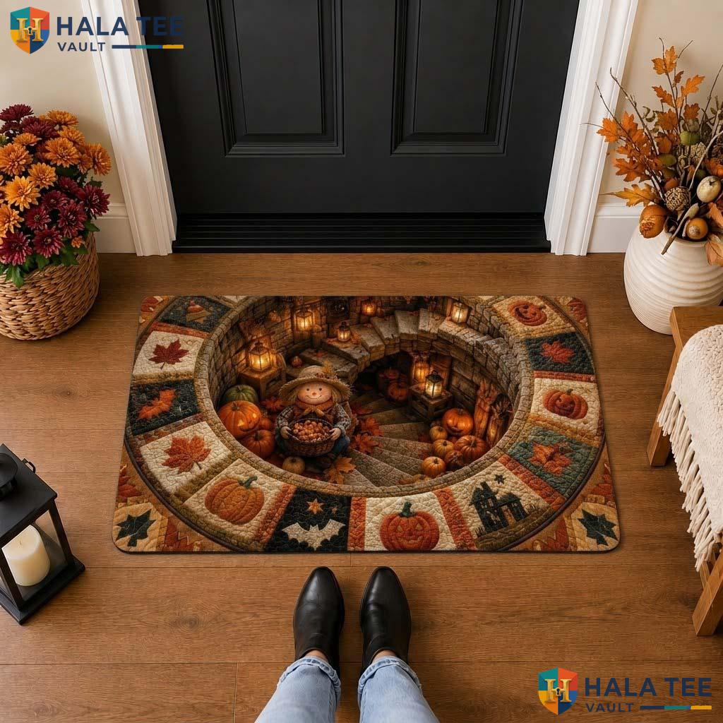 Scarecrow Hole Pumpkin Halloween Front door mat 3D Illusion Fall Harvest Decor