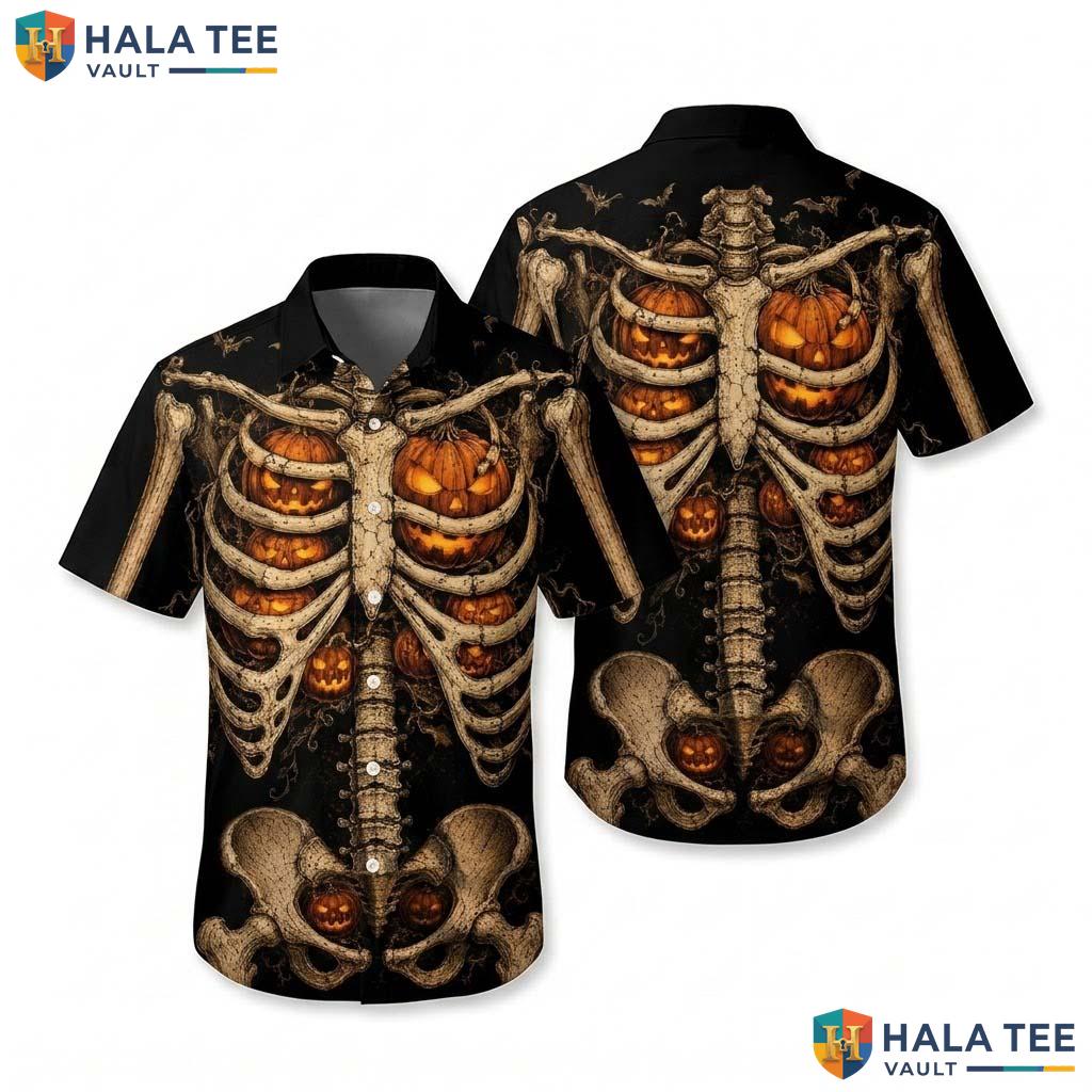 Scary Bones Halloween Hawaiian Shirt 3D Pumpkin Skeleton Aloha Top