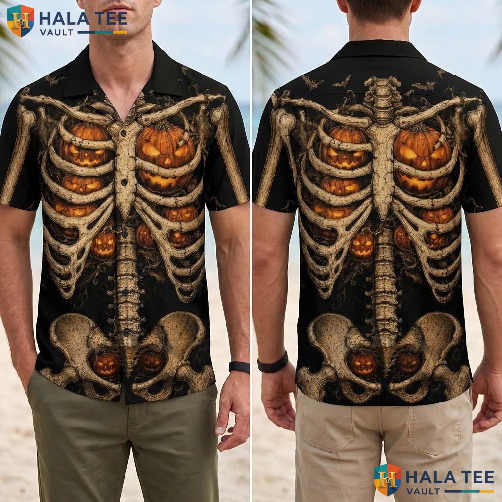 Scary Bones Halloween Hawaiian Shirt 3D Pumpkin Skeleton Aloha Top Adult