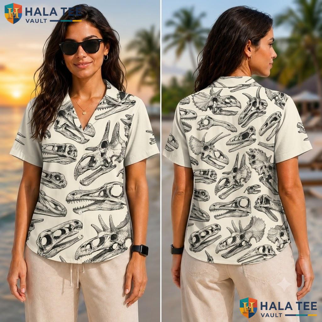 Scientific Dinosaur Skull Hawaiian Shirt Tropical Surf Beach Outing Top Adult