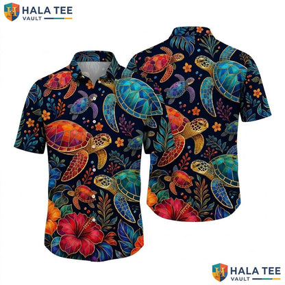 Sea Turtle Floral Hawaiian Shirt Vibrant Beachwear Tropical Button Down