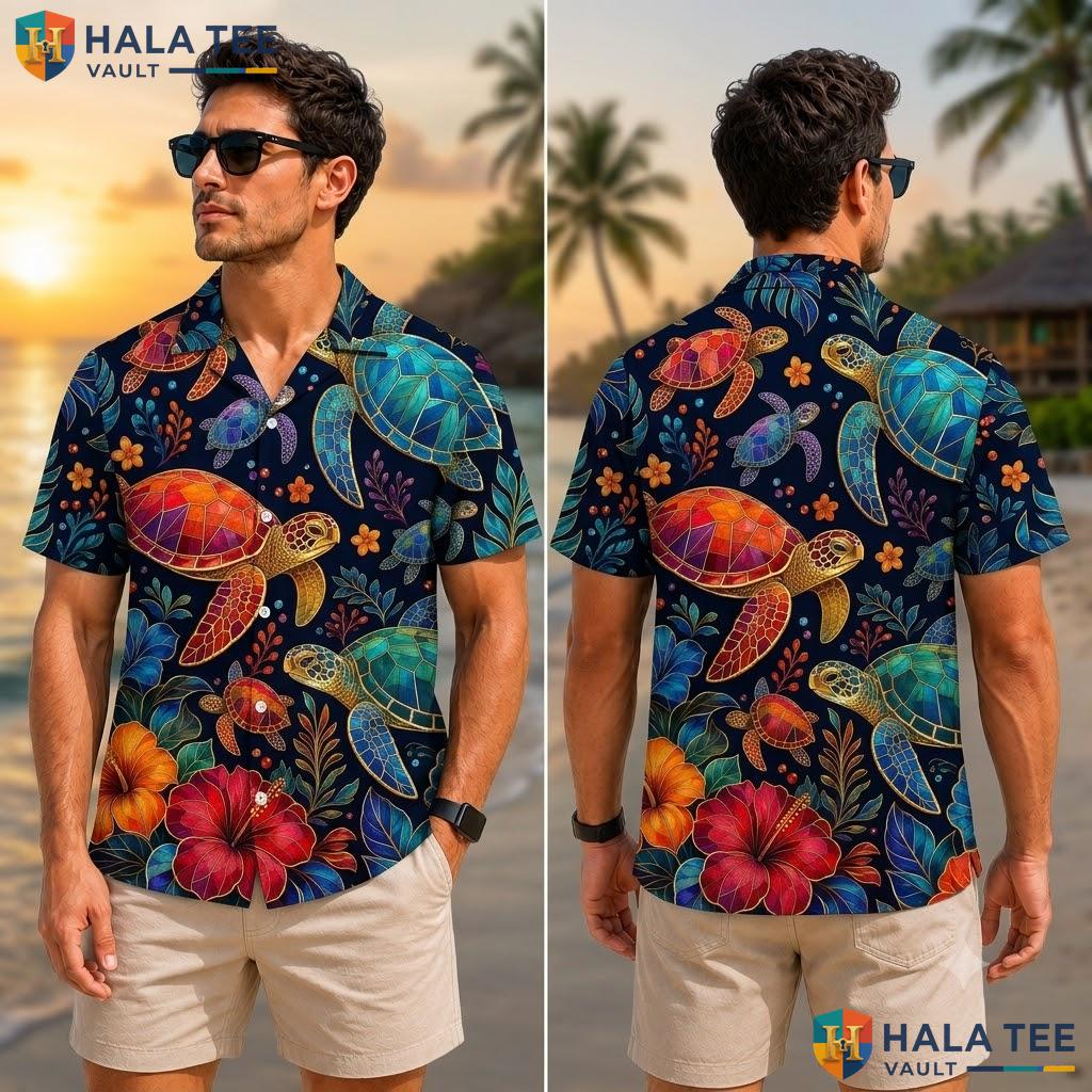 Sea Turtle Floral Hawaiian Shirt Vibrant Beachwear Tropical Button Down Adult