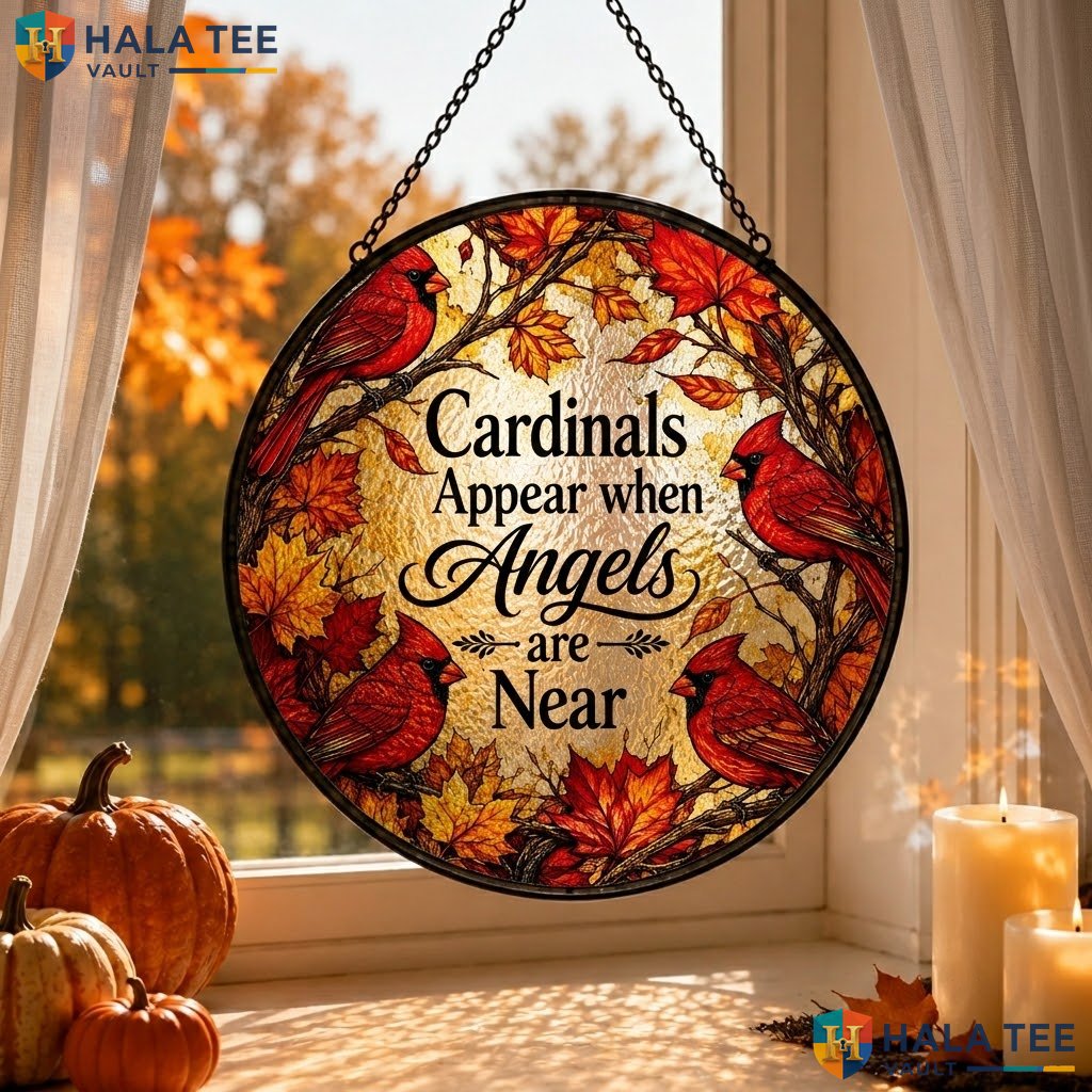 Sentimental Cardinals Halloween Stained Glass Suncatcher Autumn Leaf Room Art