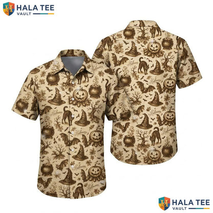 Sepia Pumpkin Halloween Hawaiian Shirt Retro Bat Witch Gothic Aloha