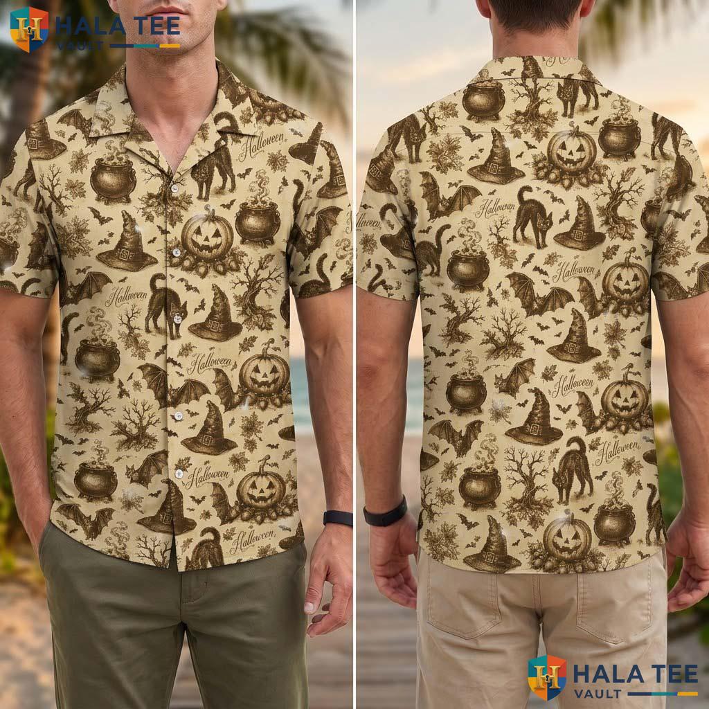 Sepia Pumpkin Halloween Hawaiian Shirt Retro Bat Witch Gothic Aloha Adult