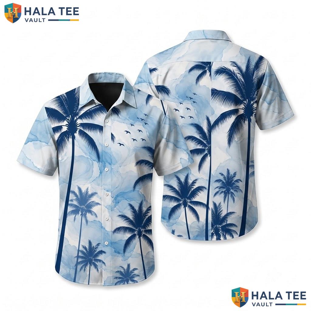 Serene Bird Silhouette Hawaiian Shirt Light Blue Palm Tree Casual Top