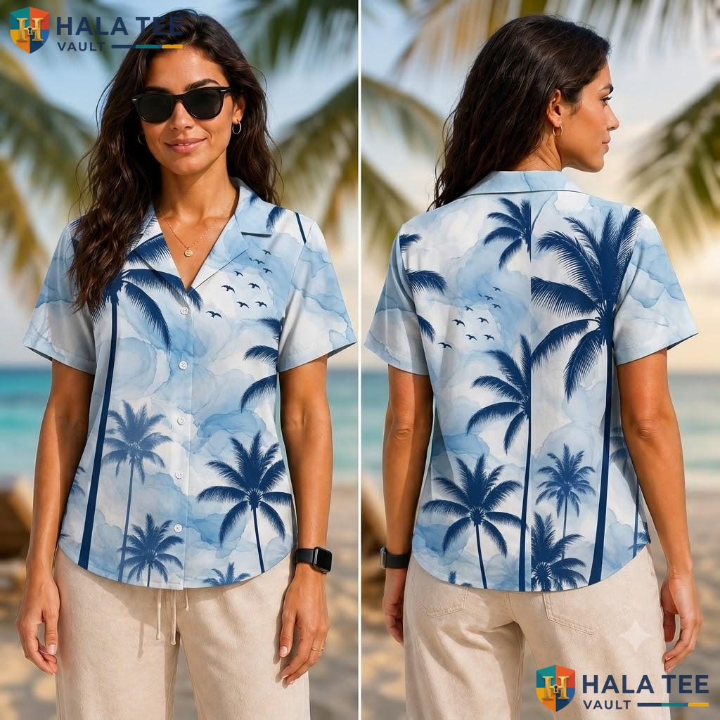 Serene Bird Silhouette Hawaiian Shirt Light Blue Palm Tree Casual Top Adult