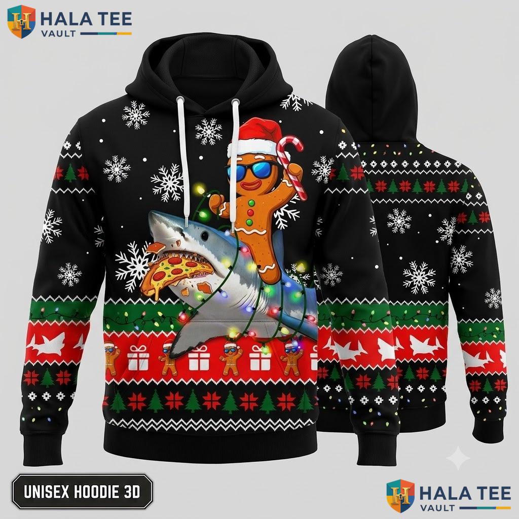 Shark Pizza Gingerbread Xmas 3D Hoodie Funny Santa Hat Pullover
