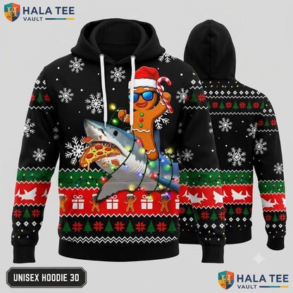 Shark Pizza Gingerbread Xmas 3D Hoodie Funny Santa Hat Pullover