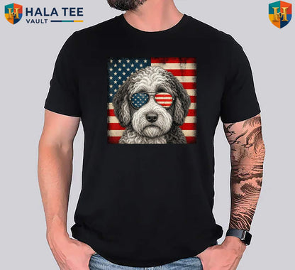 Sheepadoodle American Flag T-Shirt Fourth Of July Patriotic Dog Lover Apparel