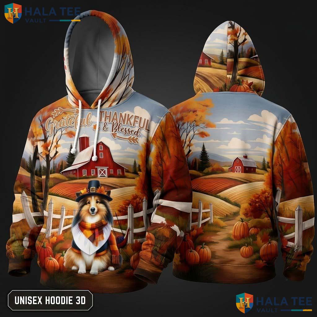 Shetland Sheepdog Pumpkins Thanksgiving 3D Hoodie Grateful Landscape