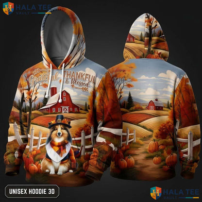 Shetland Sheepdog Pumpkins Thanksgiving 3D Hoodie Grateful Landscape