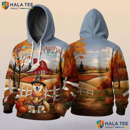 Shiba Inu Blessed Thanksgiving 3D Hoodie Grateful Thankful Fall Top