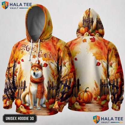 Shiba Inu Leaves Thanksgiving 3D Hoodie Give Thanks Fall Pumpkins