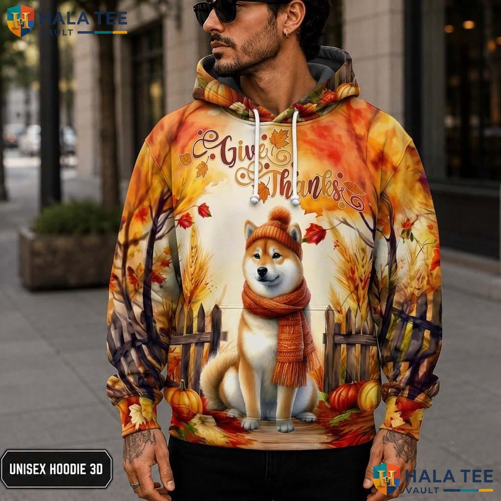 Shiba Inu Leaves Thanksgiving 3D Printed Hoodie Give Thanks Fall Pumpkins