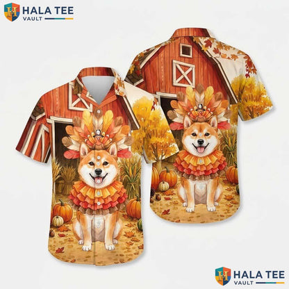 Shiba Inu Turkey Thanksgiving Hawaiian Shirt Dog Costume Fall Scene
