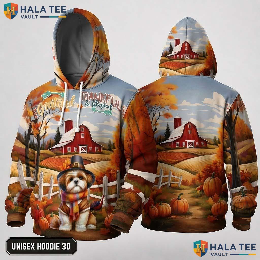 Shih Tzu Blessed Thanksgiving 3D Hoodie Grateful Thankful Fall Top