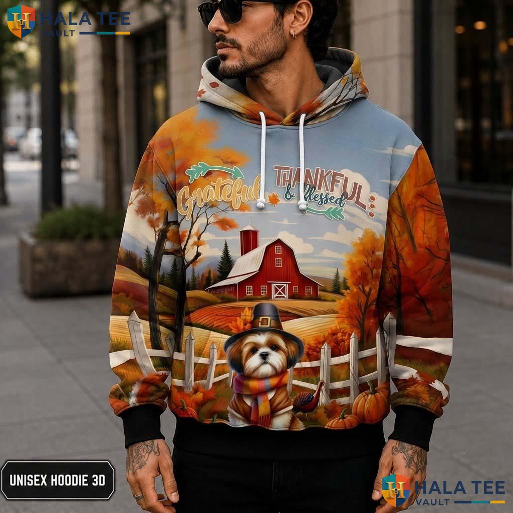 Shih Tzu Blessed Thanksgiving 3D Printed Hoodie Grateful Thankful Fall Top