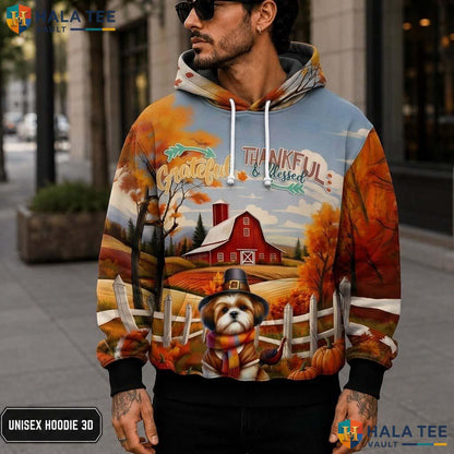 Shih Tzu Blessed Thanksgiving 3D Printed Hoodie Grateful Thankful Fall Top