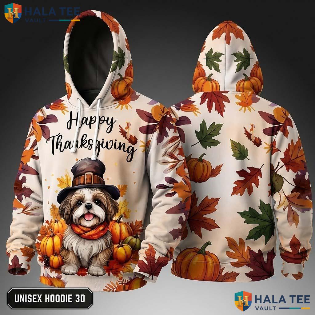Shih Tzu Pumpkins Thanksgiving 3D Hoodie Happy Dog Lover Fall Leaves