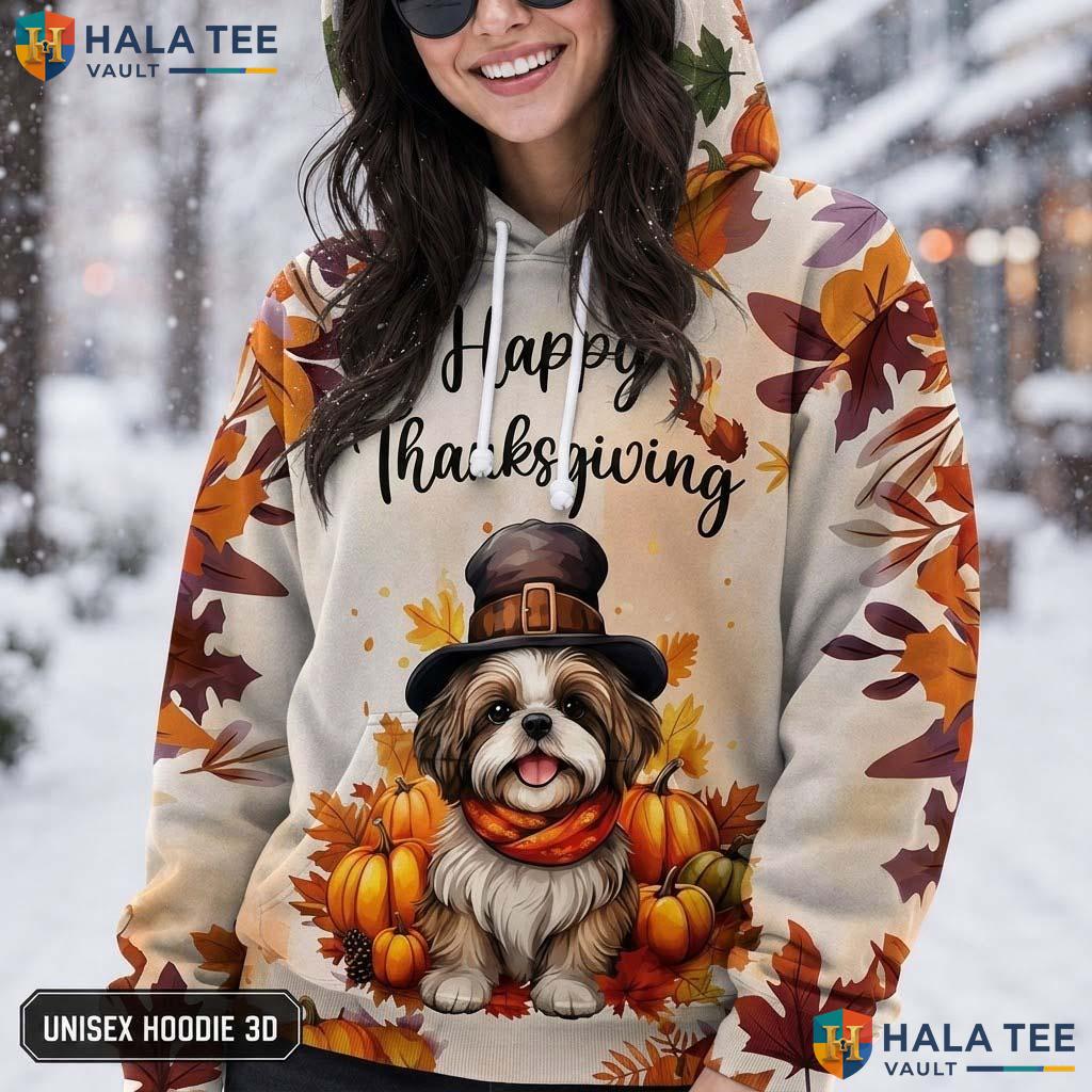 Shih Tzu Pumpkins Thanksgiving 3D Printed Hoodie Happy Dog Lover Fall Leaves