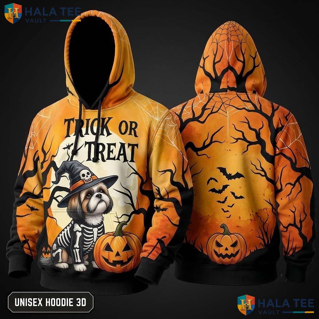 Shih Tzu Skeleton Dog 3D Hoodie Cute Trick Or Treat Halloween Apparel