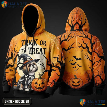 Shih Tzu Skeleton Dog 3D Hoodie Cute Trick Or Treat Halloween Apparel