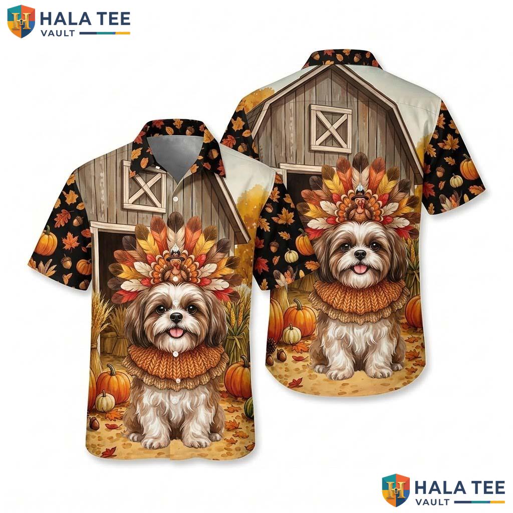 Shih Tzu Turkey Thanksgiving Hawaiian Shirt Dog Costume Fall Scene
