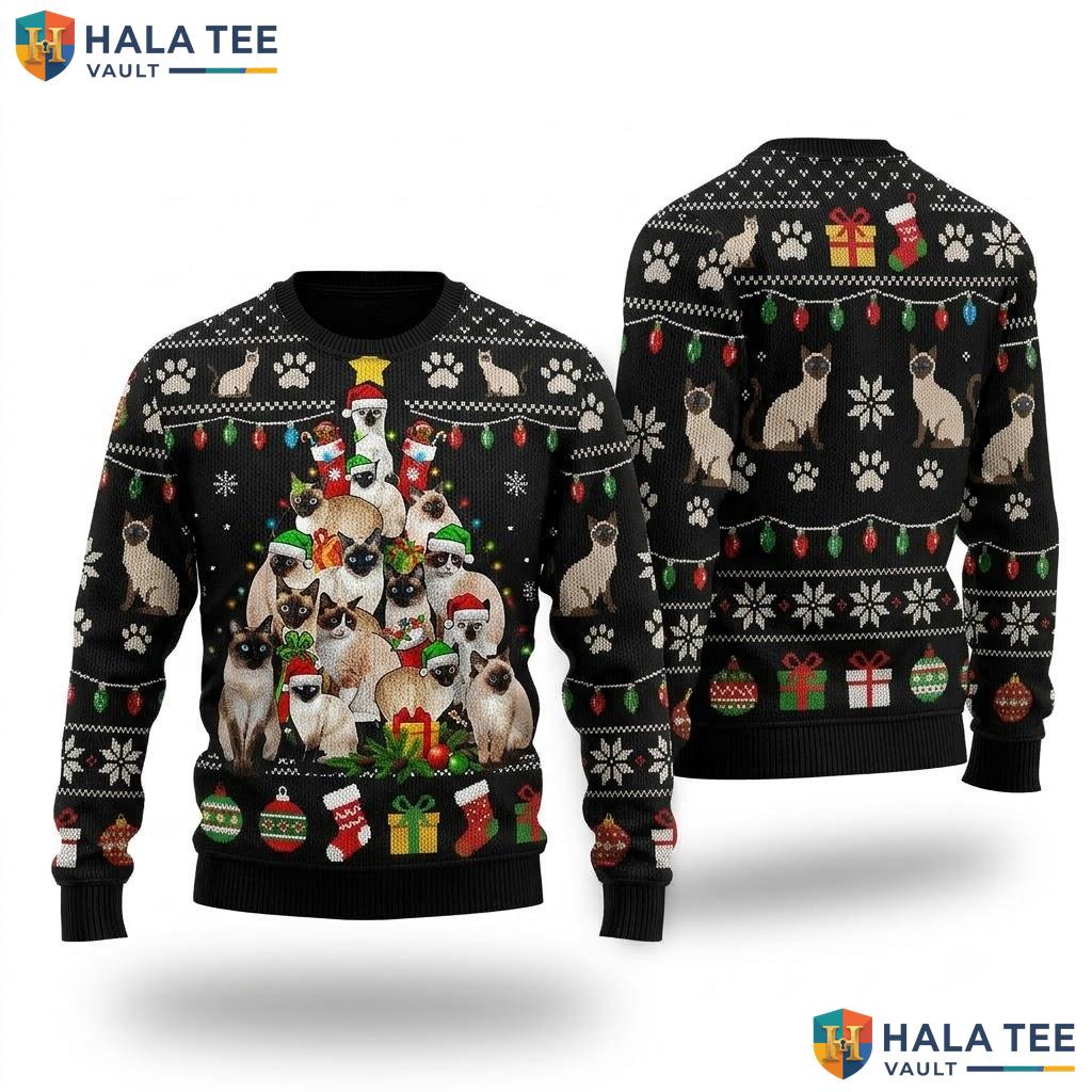 Siamese Cats Kitten Tree Christmas Sweater Cute Santa Feline Holiday