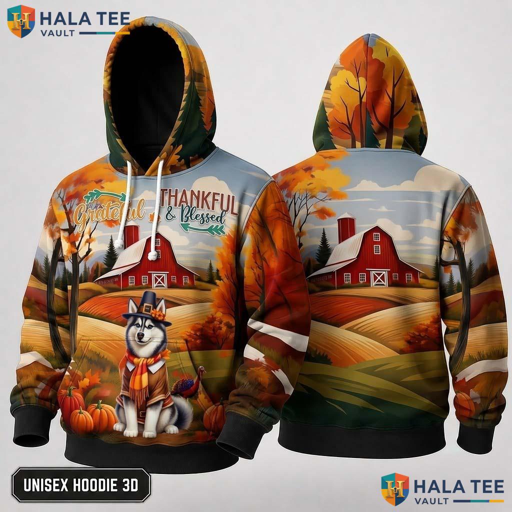 Siberian Husky Blessed Thanksgiving 3D Hoodie Grateful Thankful Fall
