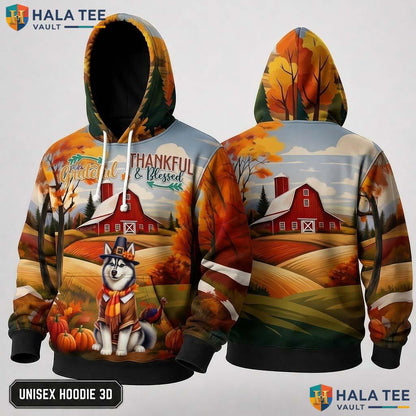 Siberian Husky Blessed Thanksgiving 3D Hoodie Grateful Thankful Fall