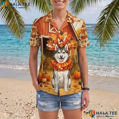 Siberian Husky Thanksgiving Tropical Shirt Turkey Costume Fall Scene