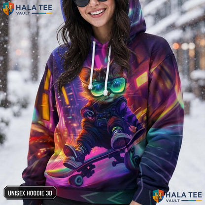 Skateboard Cat Galaxy Hoodie Kids Novelty 3D Printed Pullover Apparel AOP Hoodie