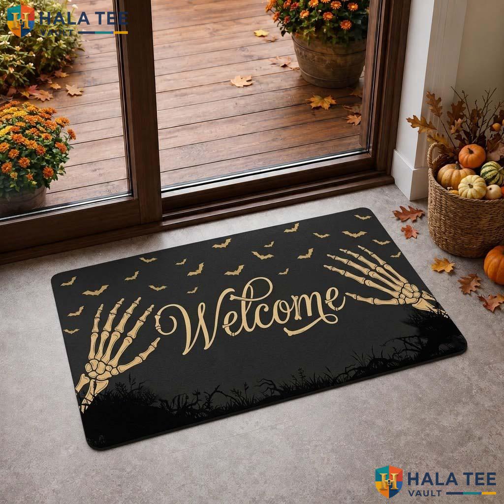 Skeletal Hand Fall Doormat Funny Spooky Welcome Rug Bat Entryway Decor