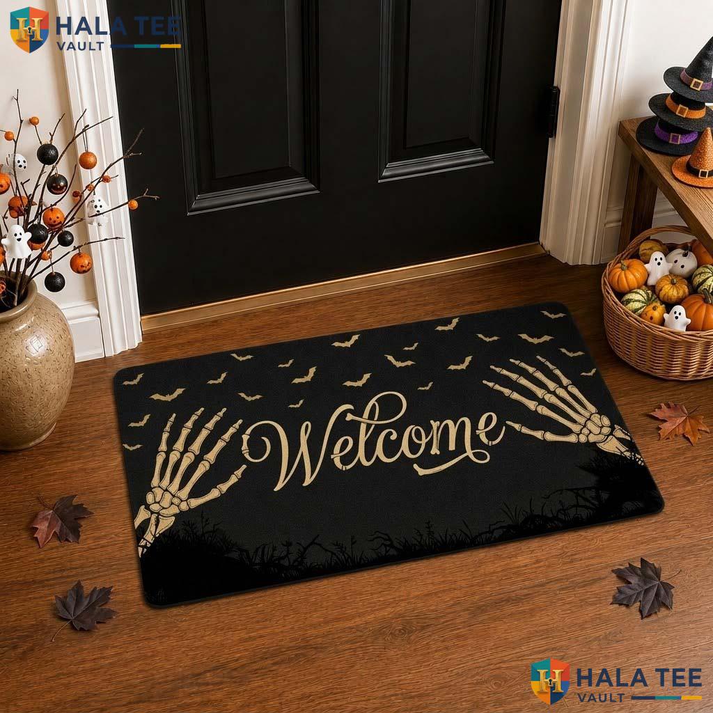 Skeletal Hand Fall Front door mat Funny Spooky Welcome Rug Bat Entryway Decor