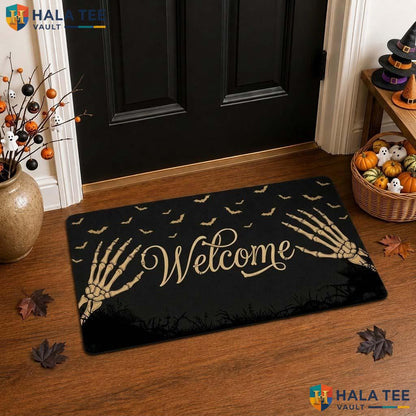 Skeletal Hand Fall Front door mat Funny Spooky Welcome Rug Bat Entryway Decor