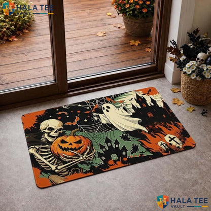 Skeleton Bat Halloween Doormat Playful Spooky Pumpkin Ghost Entrance Rug