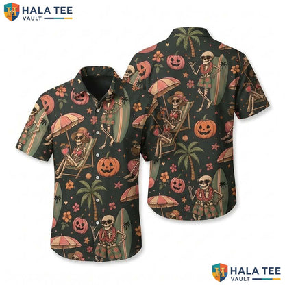 Skeleton Beach Halloween Hawaiian Shirt Tiki Summerween Aloha Top