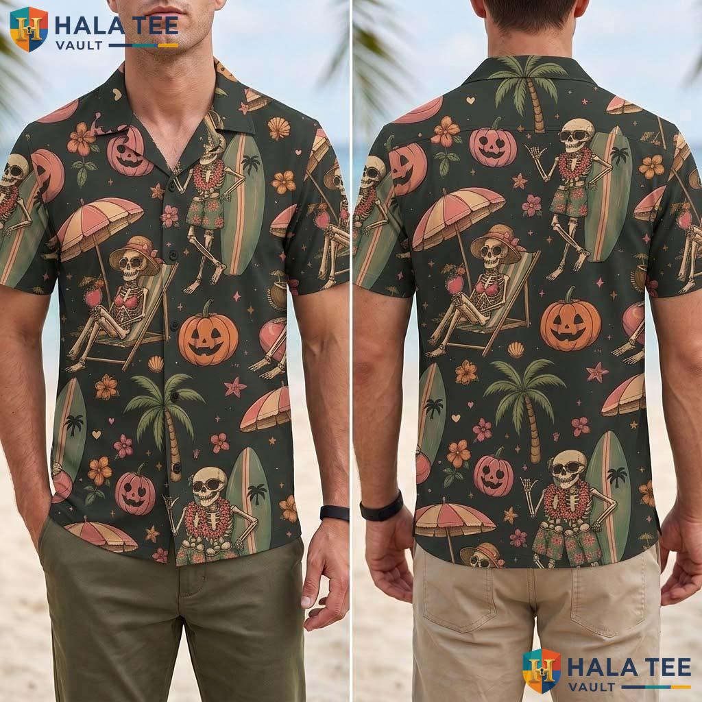 Skeleton Beach Halloween Hawaiian Shirt Tiki Summerween Aloha Top Adult