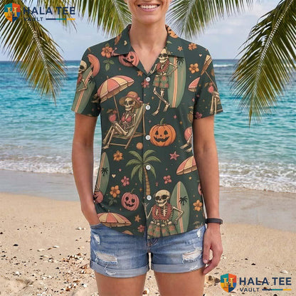 Skeleton Beach Halloween Hawaiian Shirt Tiki Summerween Aloha Top Adult