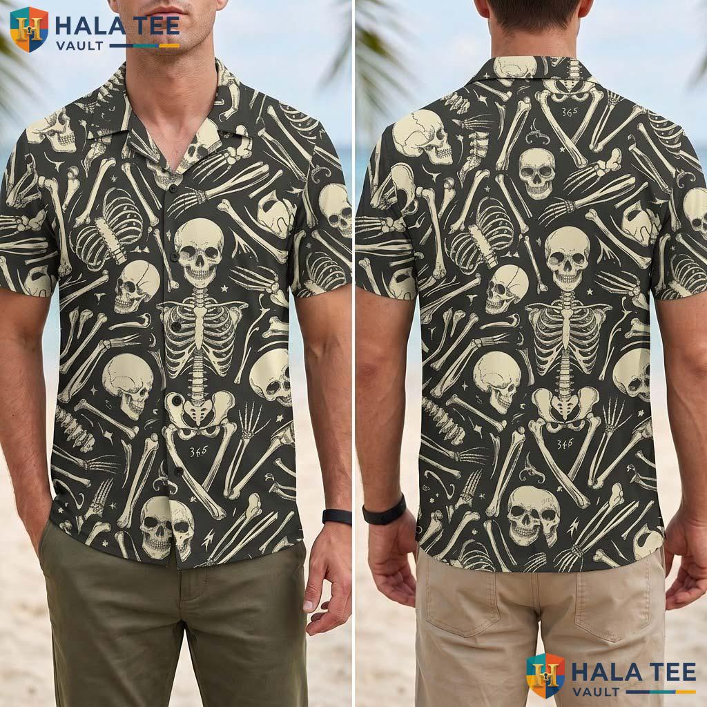 Skeleton Bones Halloween Hawaiian Shirt Gothic Skull Pattern Aloha Adult