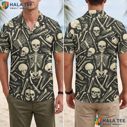 Skeleton Bones Halloween Hawaiian Shirt Gothic Skull Pattern Aloha Adult