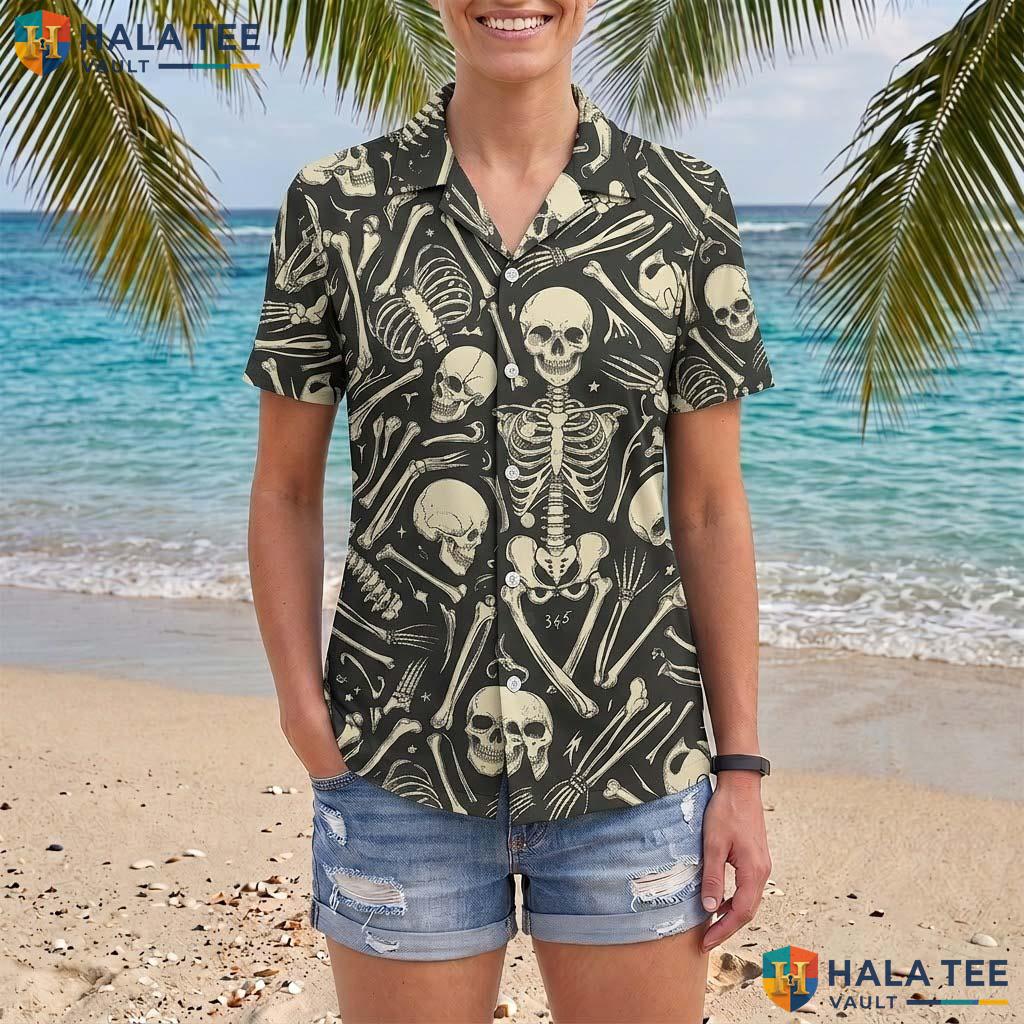 Skeleton Bones Halloween Hawaiian Shirt Gothic Skull Pattern Aloha Adult