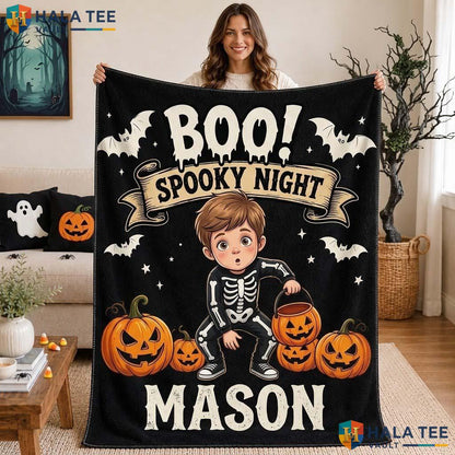 Skeleton Boy Halloween Blanket Funny Custom Name Kids Spooky Night