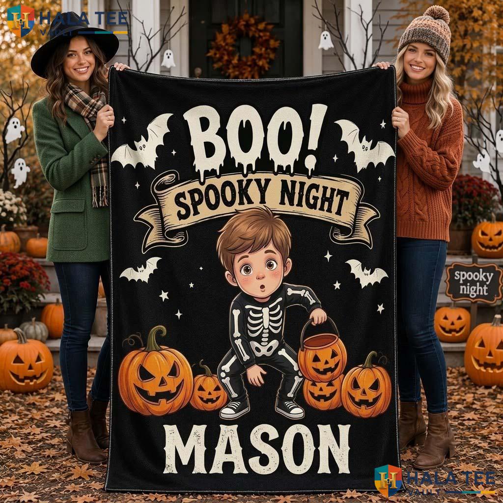 Skeleton Boy Halloween Blanket Funny Custom Name Kids Spooky Night