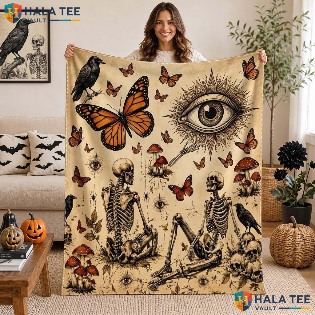 Skeleton Butterfly Halloween Blanket Vintage Spooky Skull Mushroom