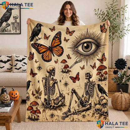 Skeleton Butterfly Halloween Blanket Vintage Spooky Skull Mushroom